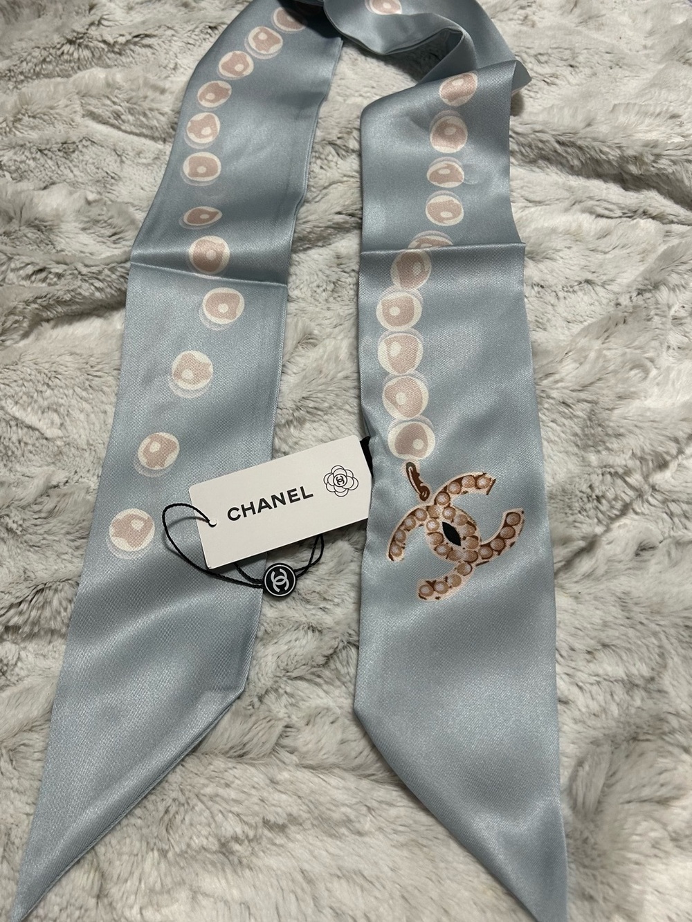 C Light Blue & Beige Silk Twilly Scarf